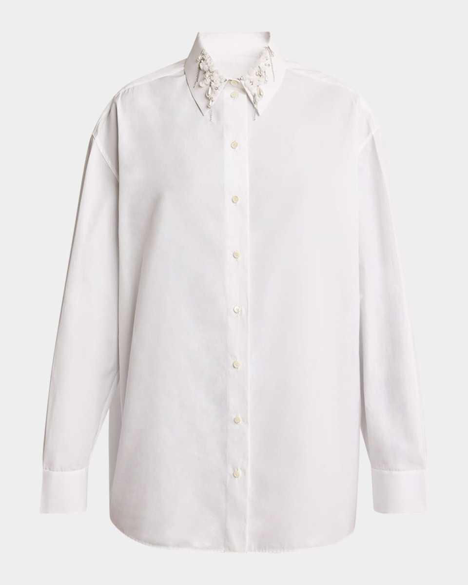 Beaded Pearly Collar Button Down Cotton Blouse